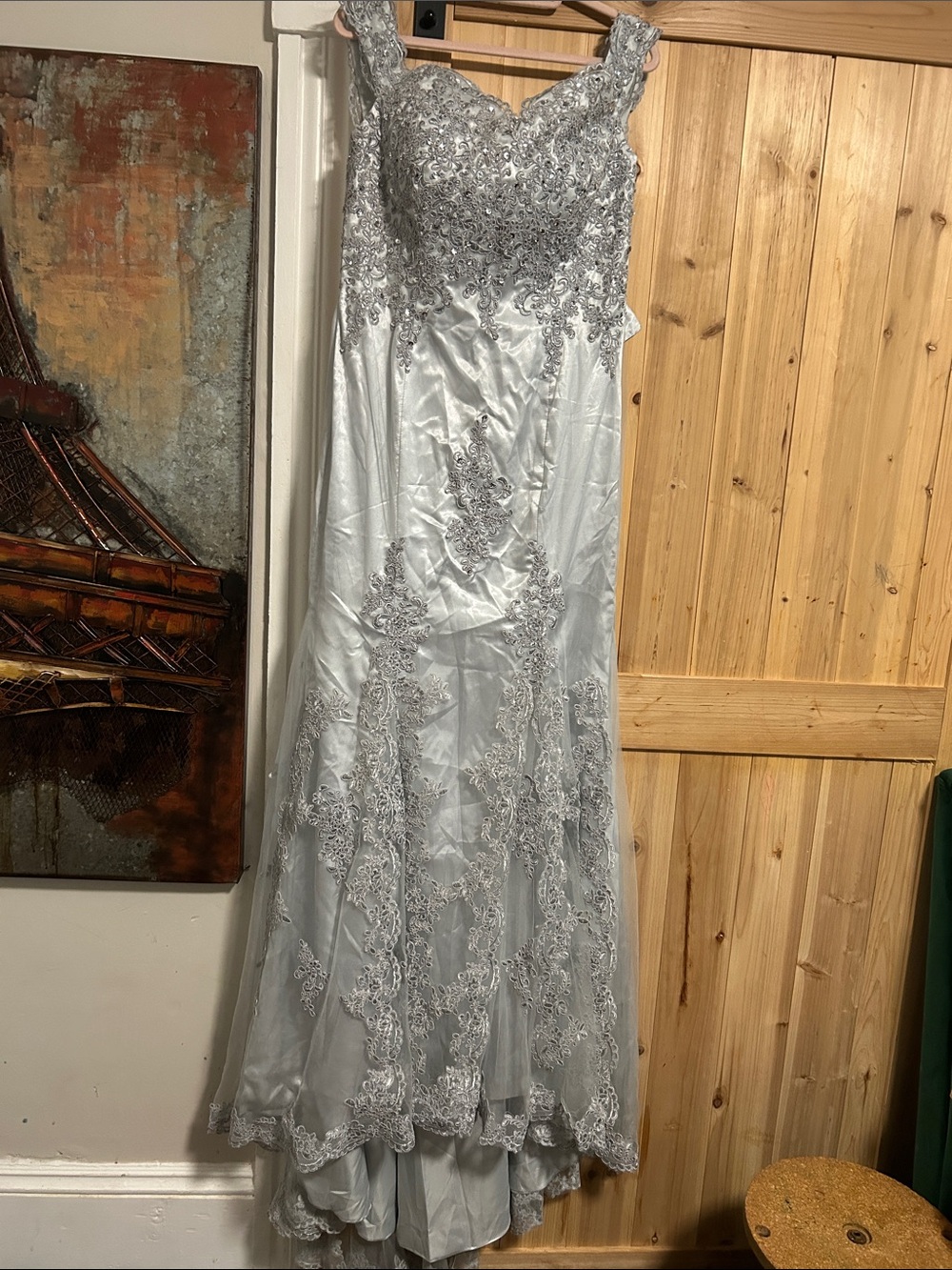 Elegant Silver/Grey Lace Evening Gown - Full Corset lace up back Formal Dress